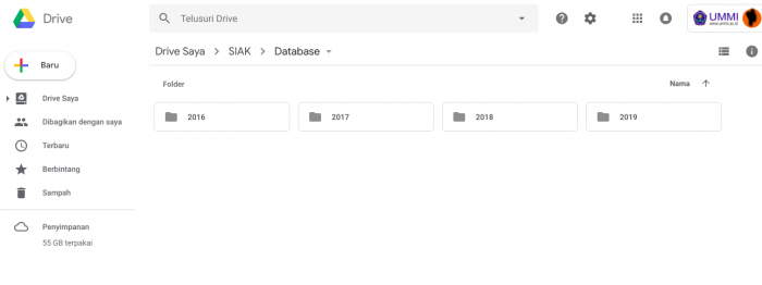 Folder Backup Database SIAK UMMI per Tahun